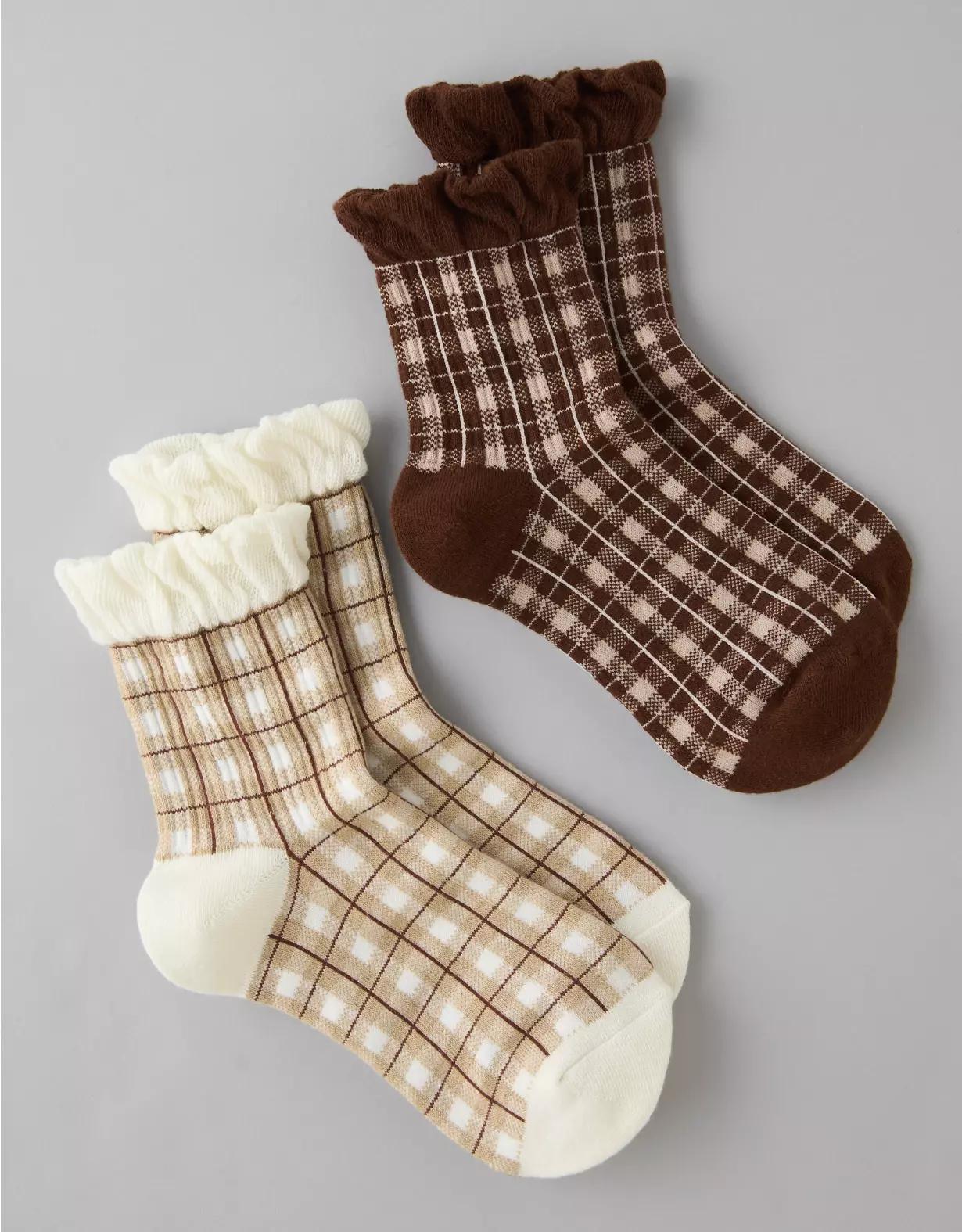 AE Plaid Ruffle Cropped Crew Socks 2-Pack Product Image