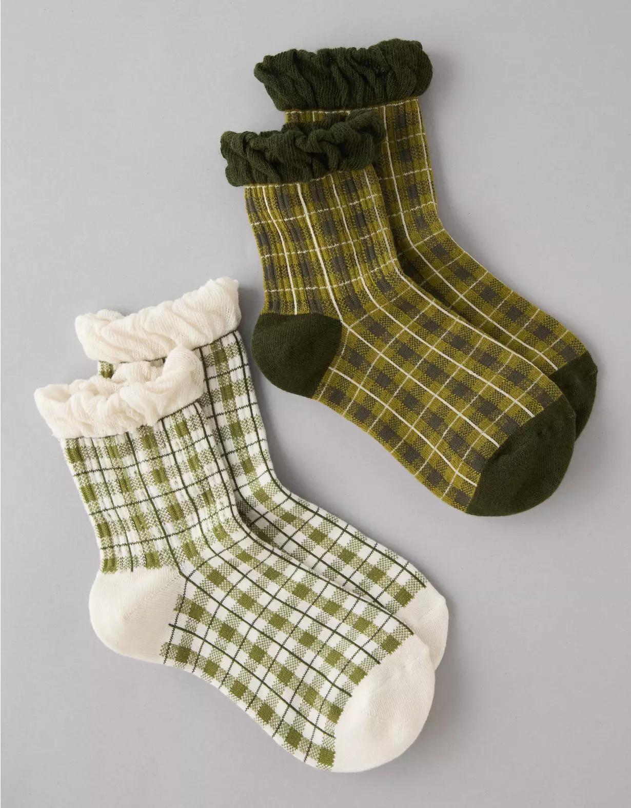 AE Plaid Ruffle Cropped Crew Socks 2-Pack Product Image