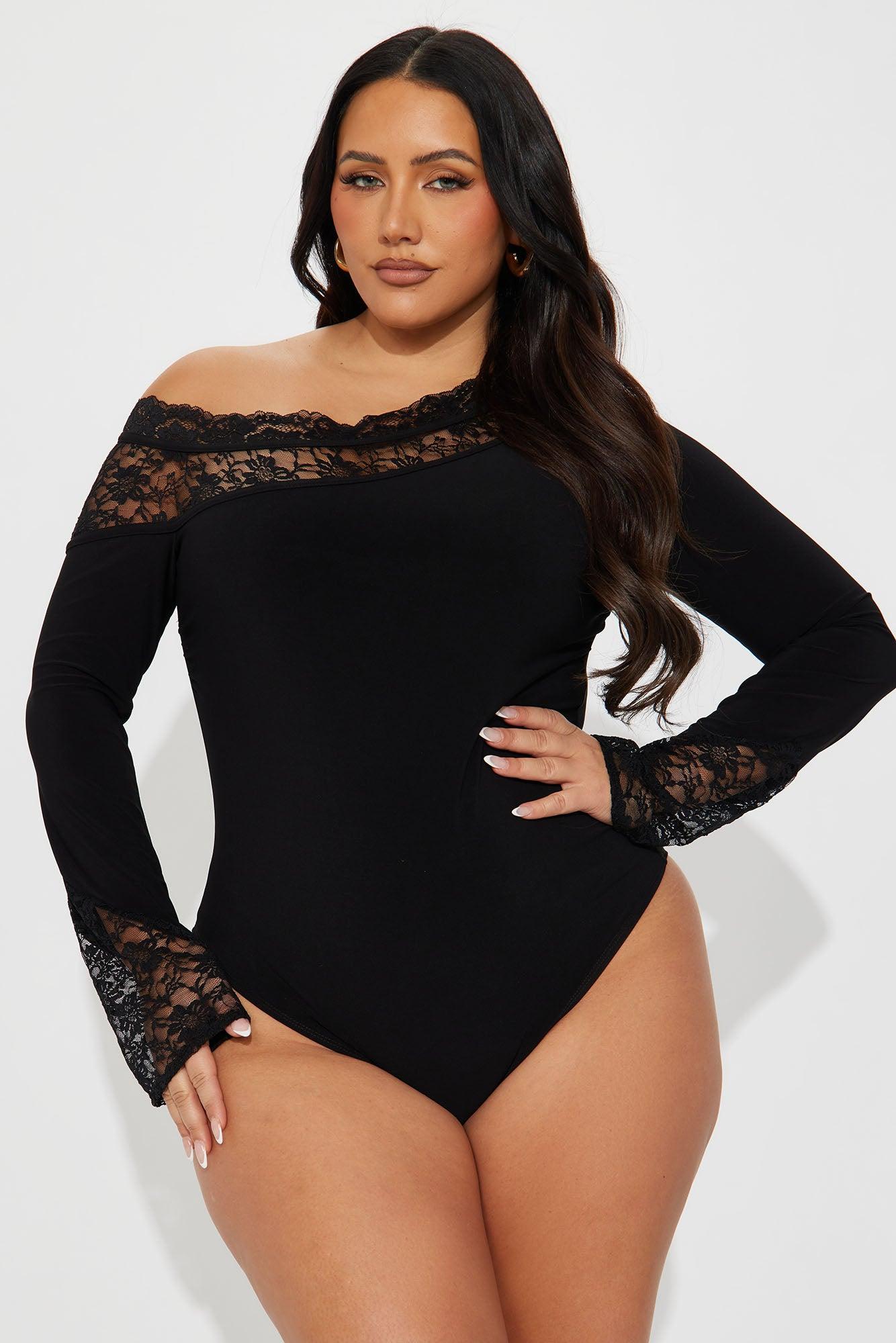 Tatiana Off Shoulder Lace Trim Bodysuit - Black Product Image