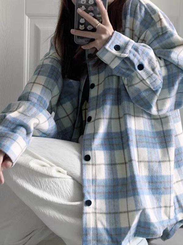 Vintage Plaid Print Brushed Long Sleeve Blouse Product Image