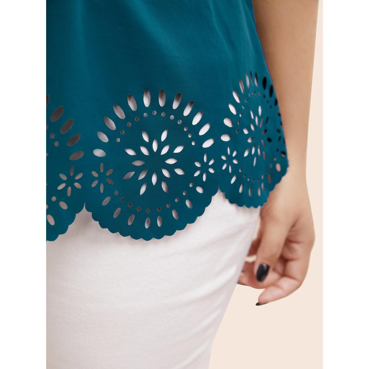 Plus Size Solid Crew Neck Laser Cut Tank Top Women Aegean Elegant Cut-Out Round Neck Everyday Tank Tops Camis BloomChic 14-16/1X Product Image