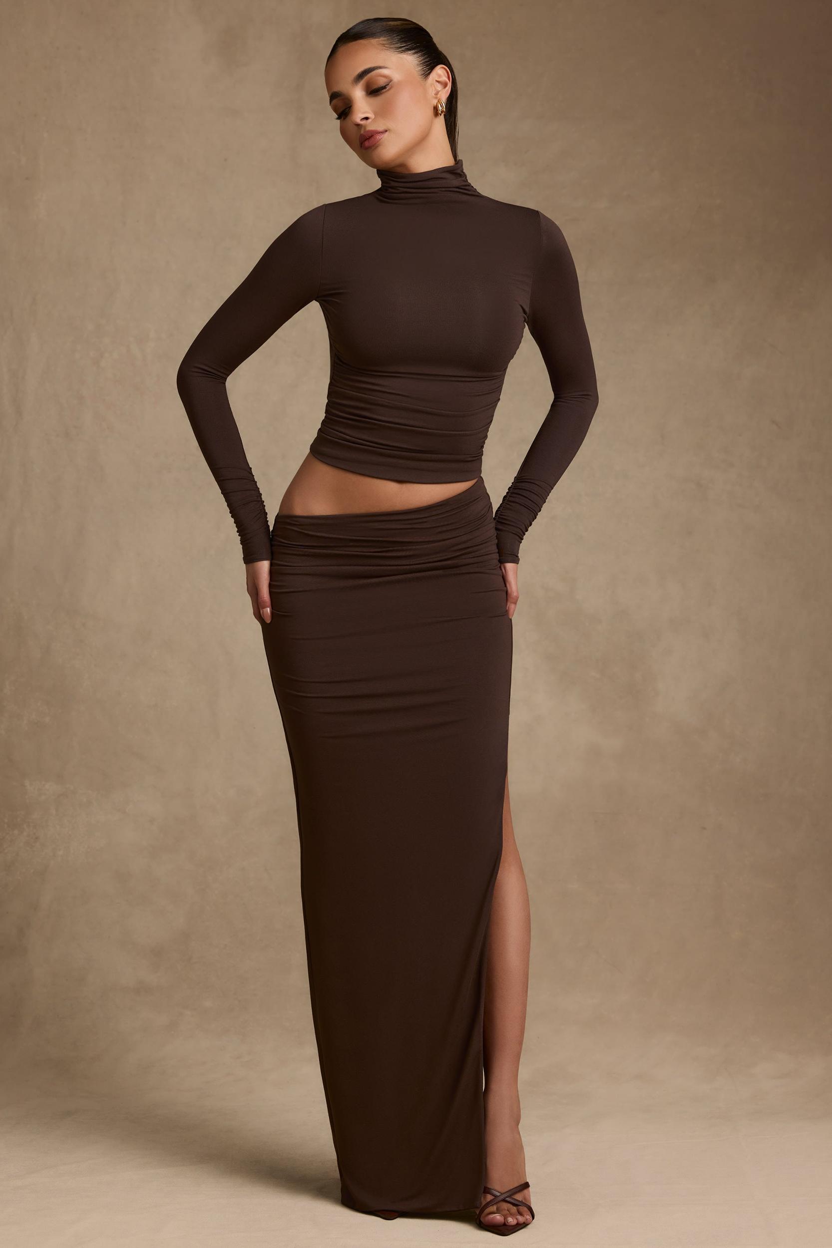 Modal Asymmetric-Waist Maxi Skirt in Chocolate Brown Product Image