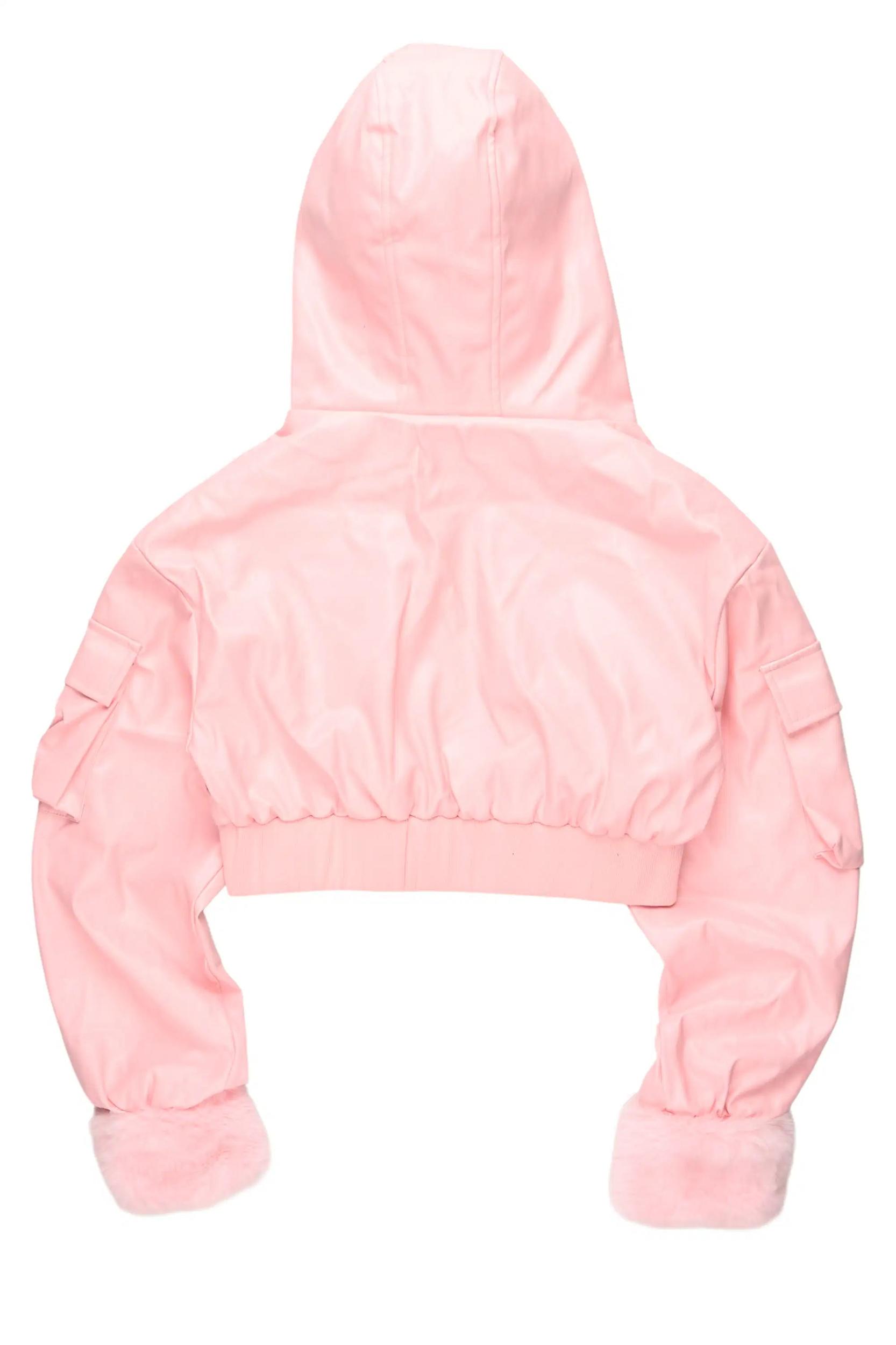 Amyia Pink PU Jacket With Fur Hood Female Product Image