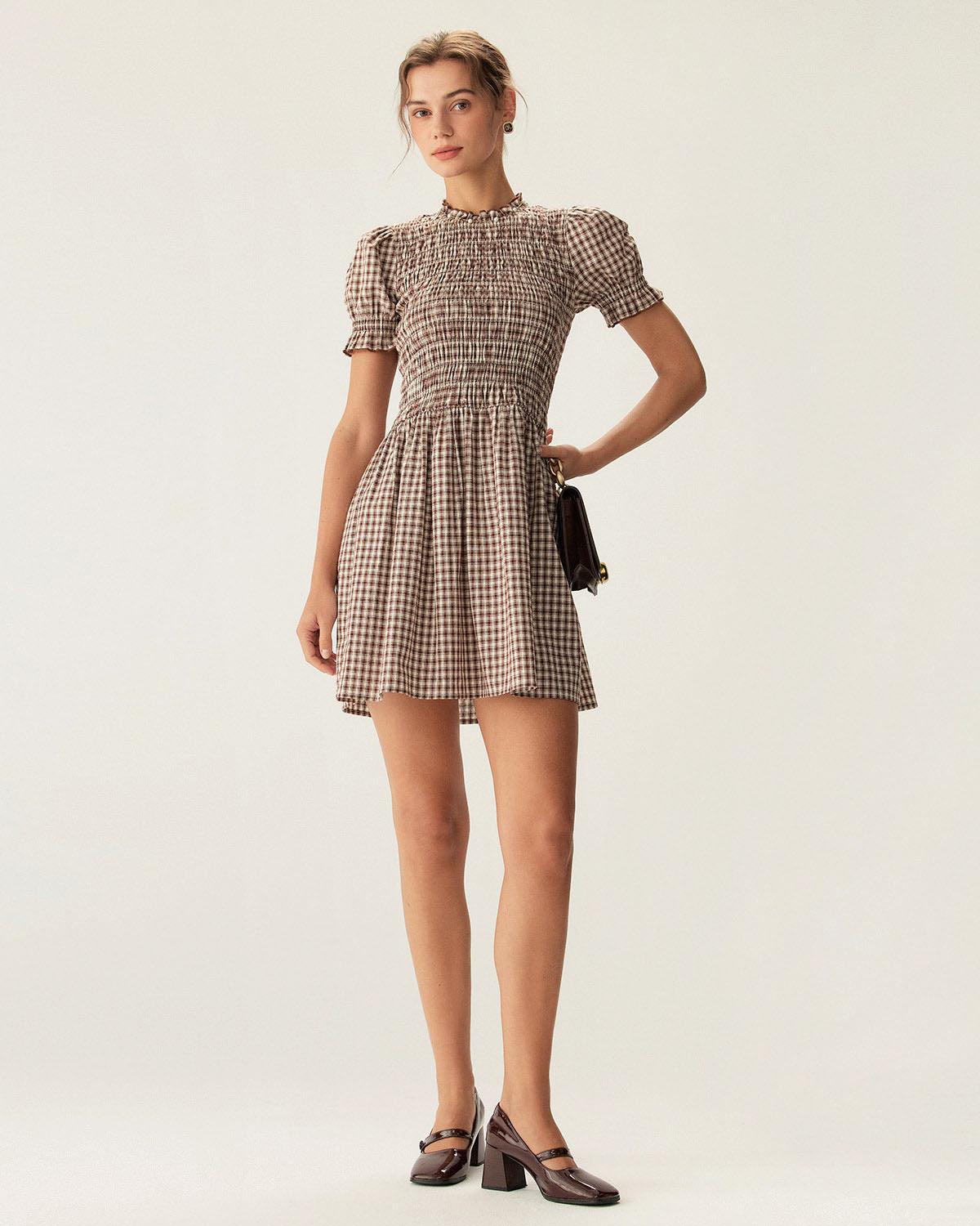 Coffee Plaid Puffed Sleeve Mini Dress Product Image