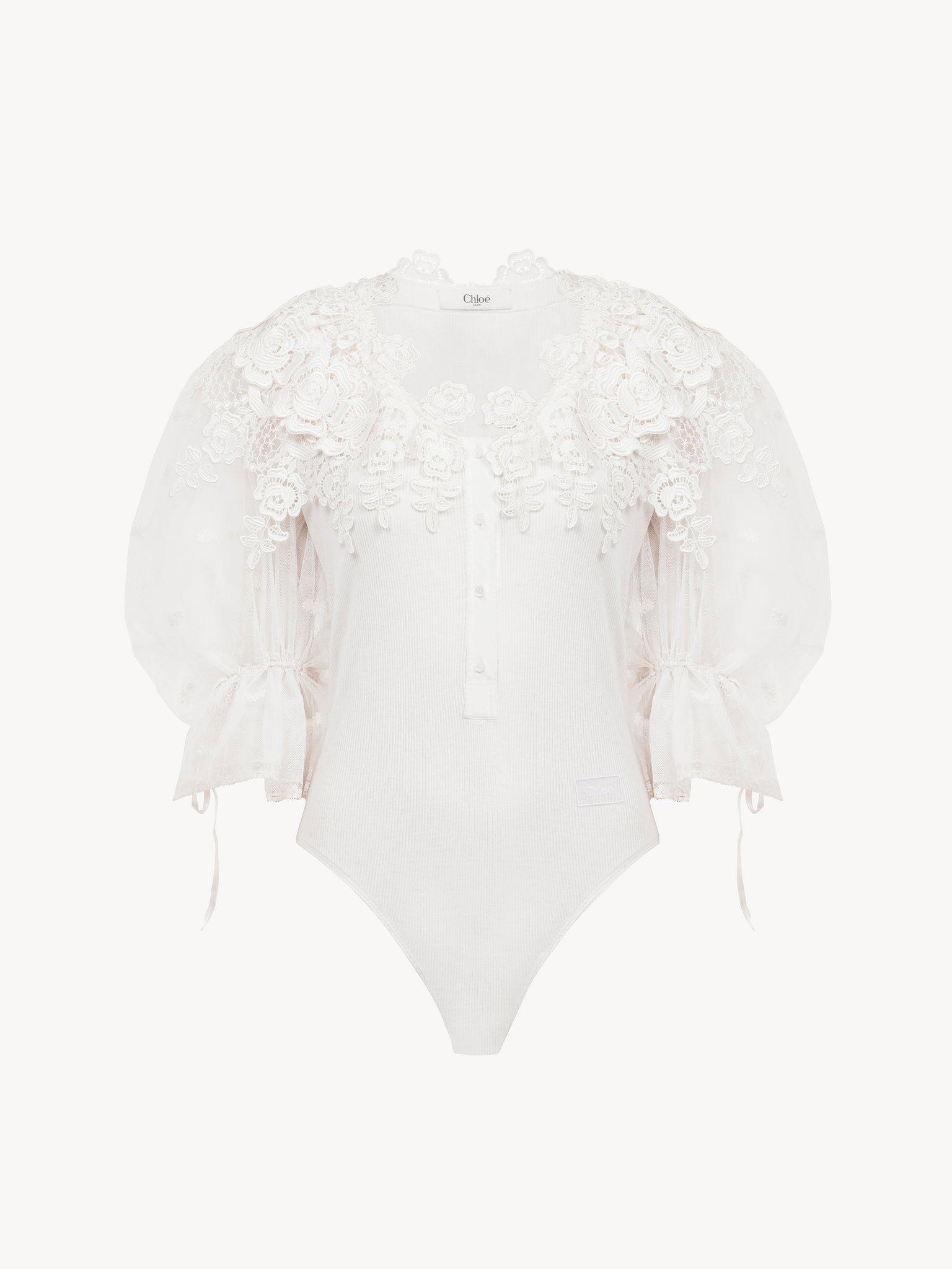 Puff-sleeve bodysuit in guipure lace cotton mix Product Image