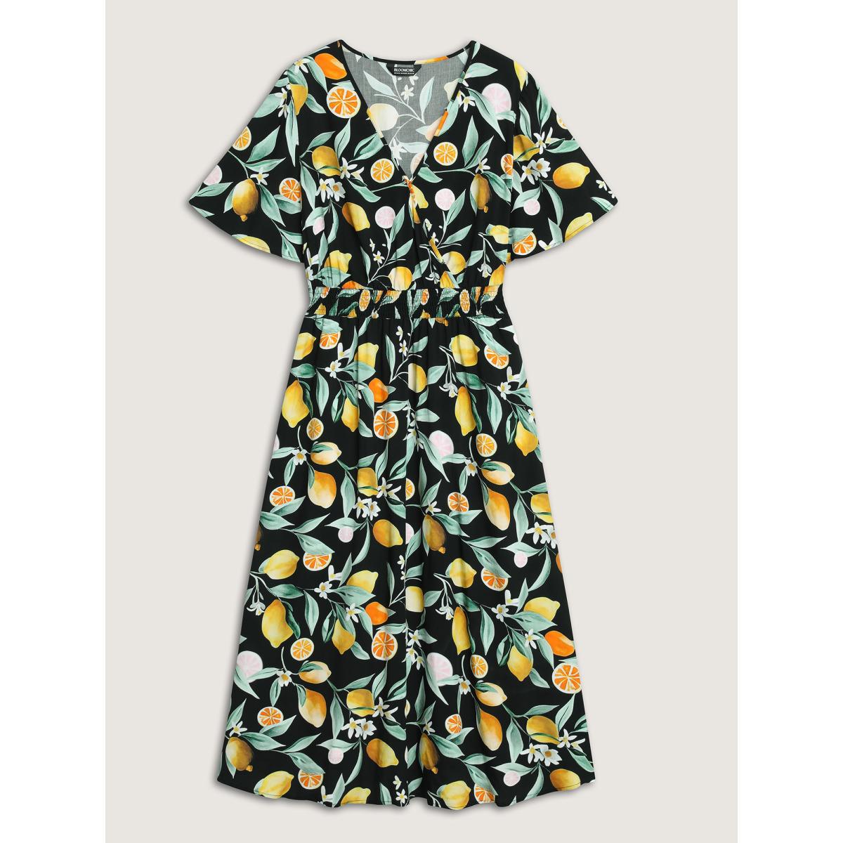 Plus Size Citrus Print Overlap Neck Shirred Midi Dress Black Women Timeless Overlap Collar Short sleeve Curvy BloomChic 14-16/1X Product Image
