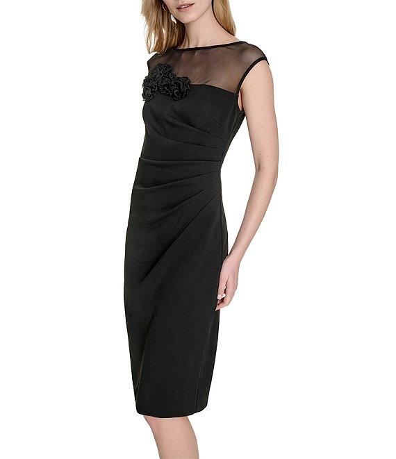 Eliza J Illusion Mesh Boat Neck 3D Flower Applique Side Ruched Scuba Crepe Sheath Dress Product Image