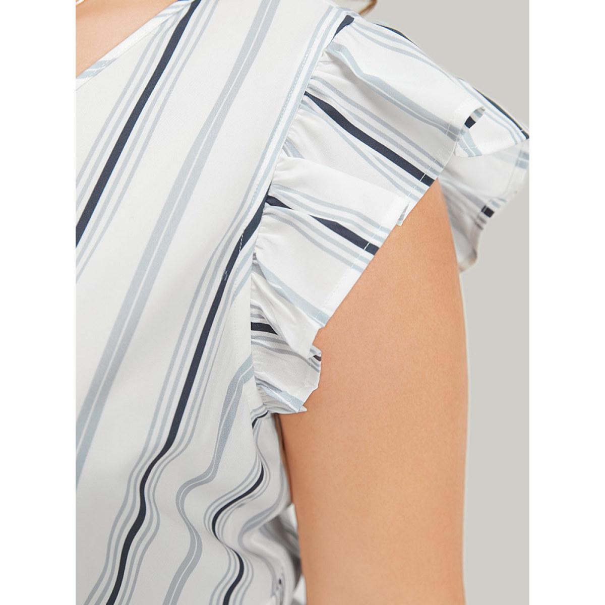 Plus Size Striped Ruffle Cap Sleeve Button Detail Wideband Waist Dress Multicolor Women Elegant Elastic Waist V-neck Cap Sleeve Curvy Midi Dress BloomChic 14-16/1X Product Image