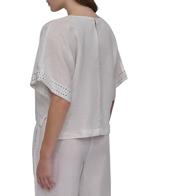 DKNY by Donna Karan Linen Crew Neck Studded Short Sleeve Boxy top Product Image