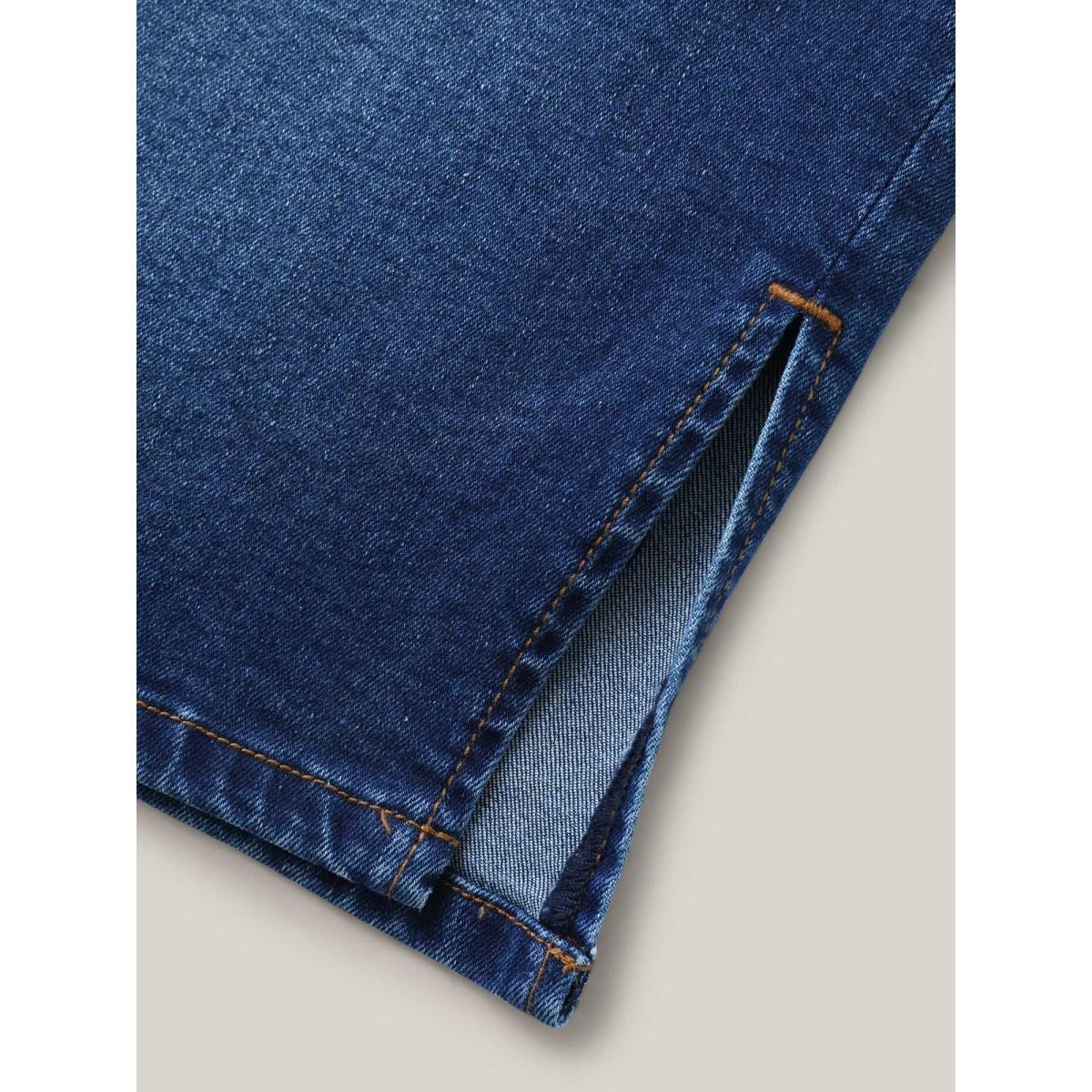 Plus Size Whiskered Classic Cut Fitted Denim Skirt Women Midblue Everyday-Casual Medium stretch Medium Wash 28/5X Slanted pocket Denim Skirts BloomChic Product Image