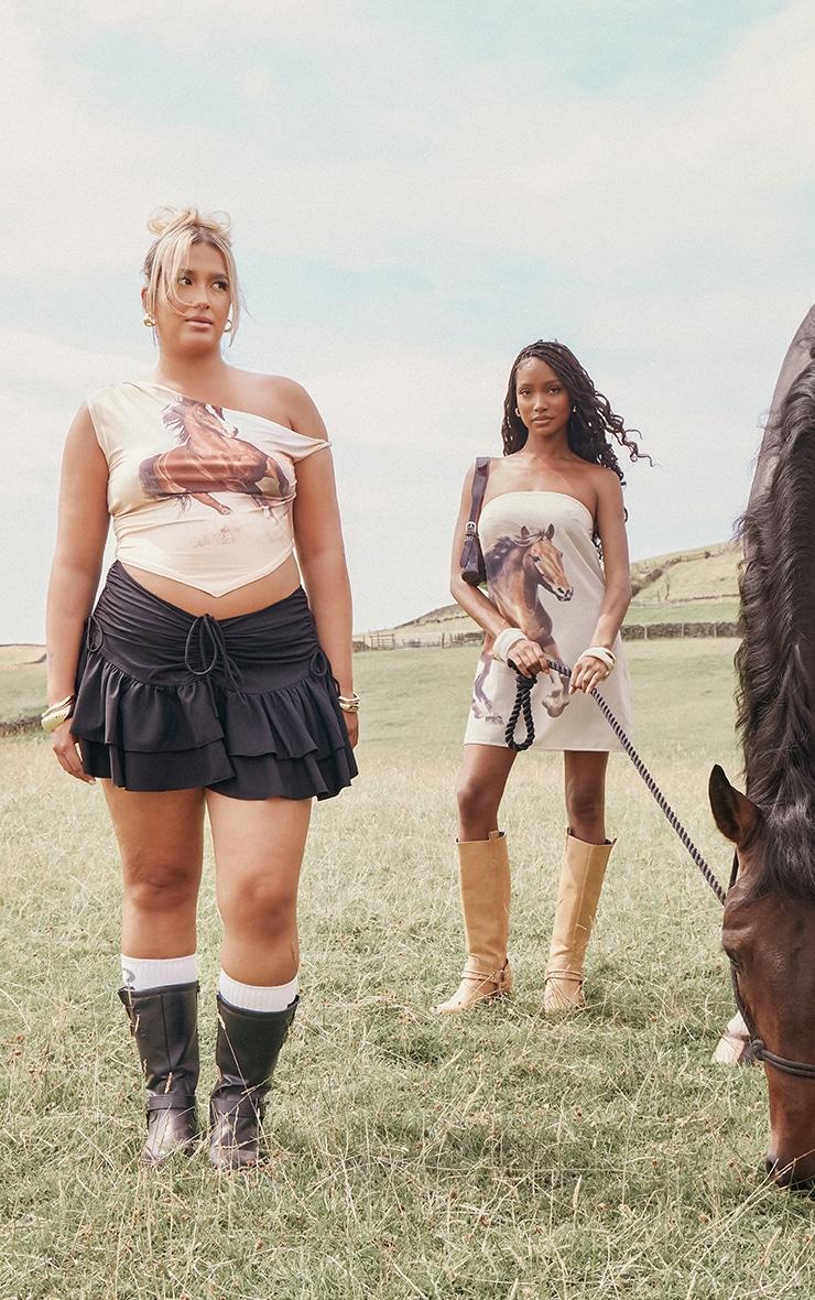 Plus Black Ruched Ruffle Detail Mini Skirt Product Image