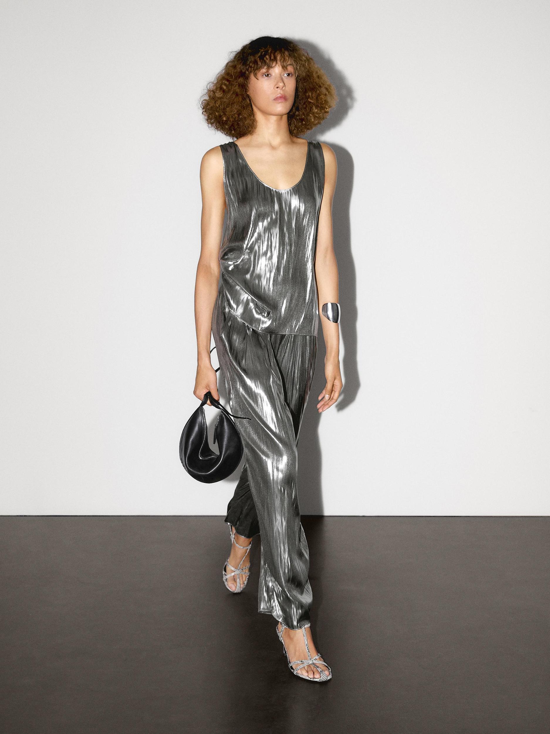 Flowing metallic trousers with gathered detail Product Image
