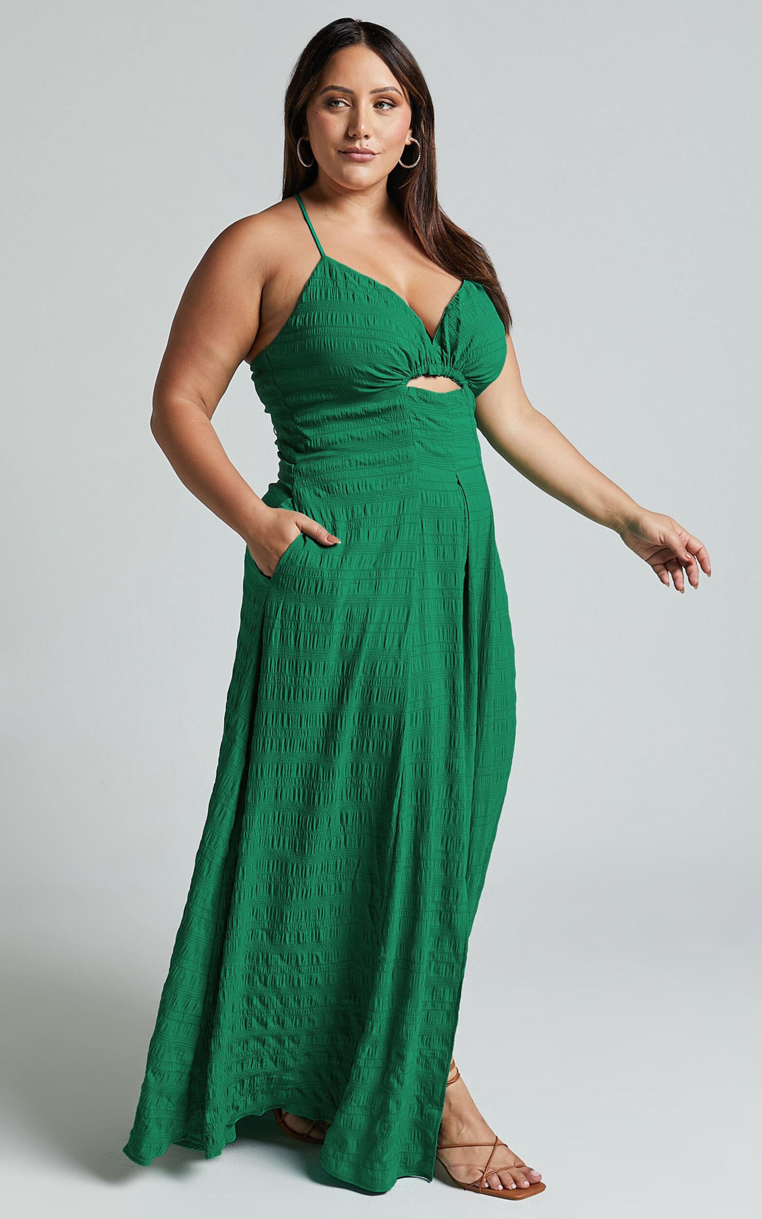 Marisse Maxi Dress - Cut Out Front Split Cross Back Textured Dress in Green Product Image