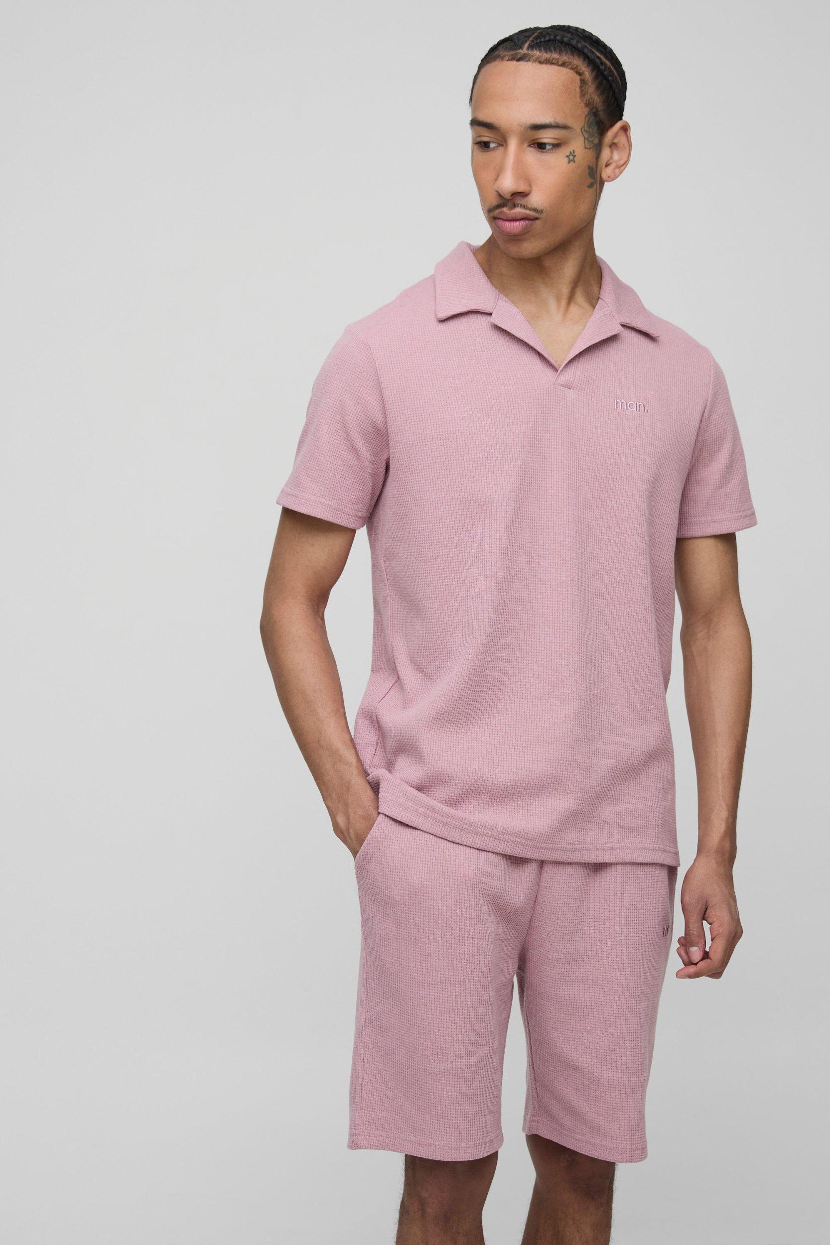 Slim Fit Man Waffle Revere Polo & Short Set | boohooMAN USA Product Image