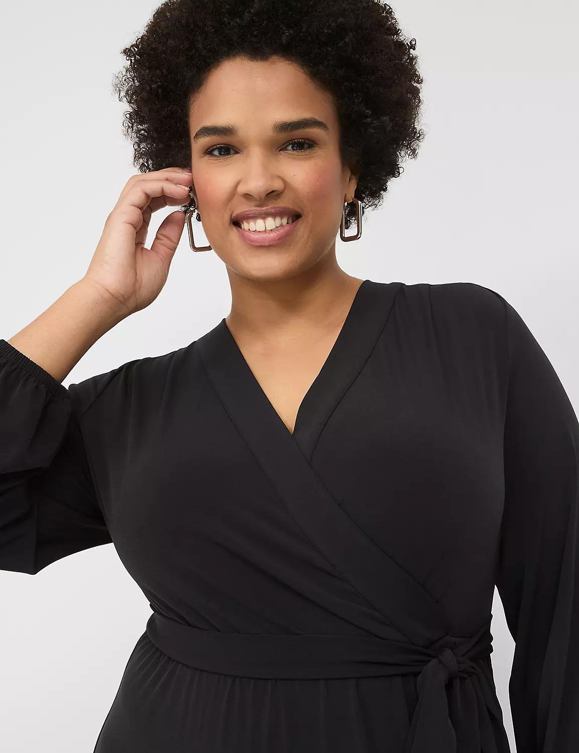 Long-Sleeve Faux-Wrap Jersey Midi Dress Product Image