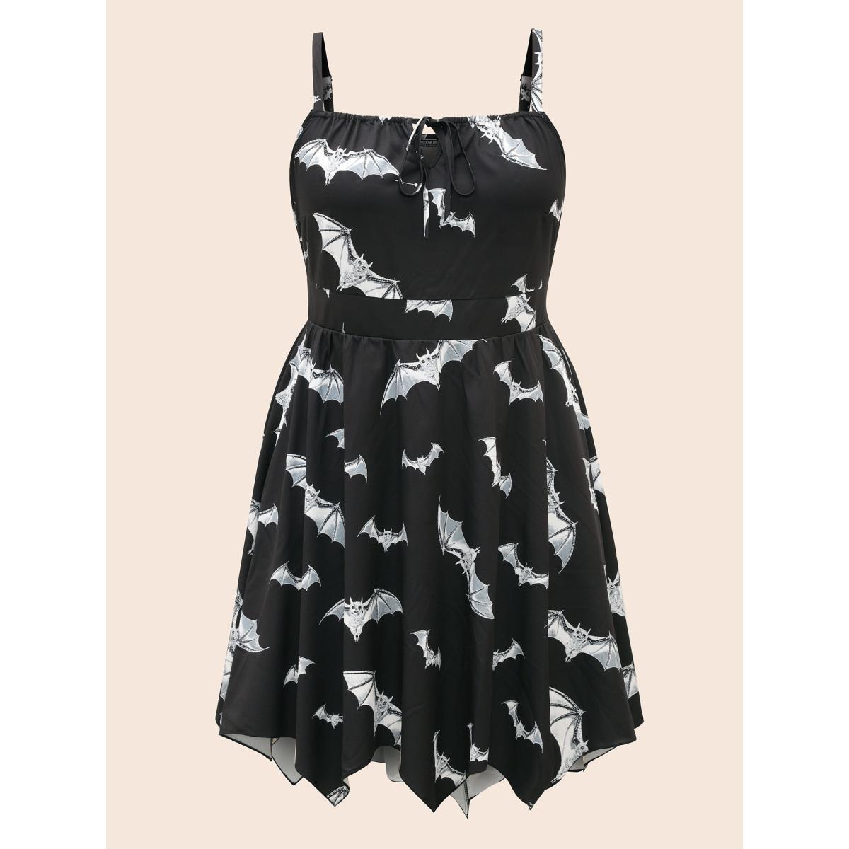 Plus Size Neck Drawstring Bat Print Midi Dress Black Women Cocktail Tie knot Party Curvy Bloomchic 22-24/3X Product Image