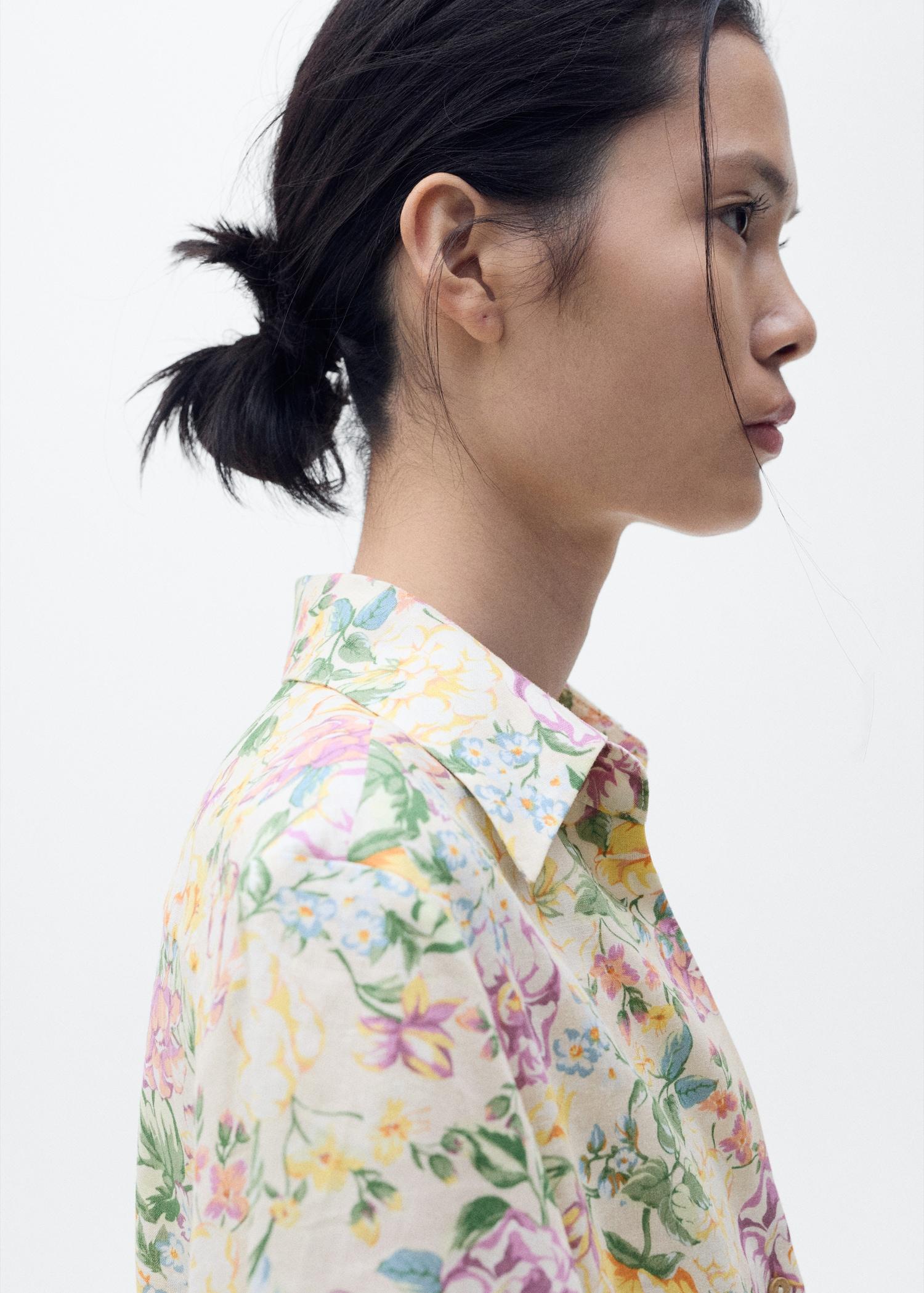 Floral linen shirt with knot detail - Women | MANGO USA Product Image