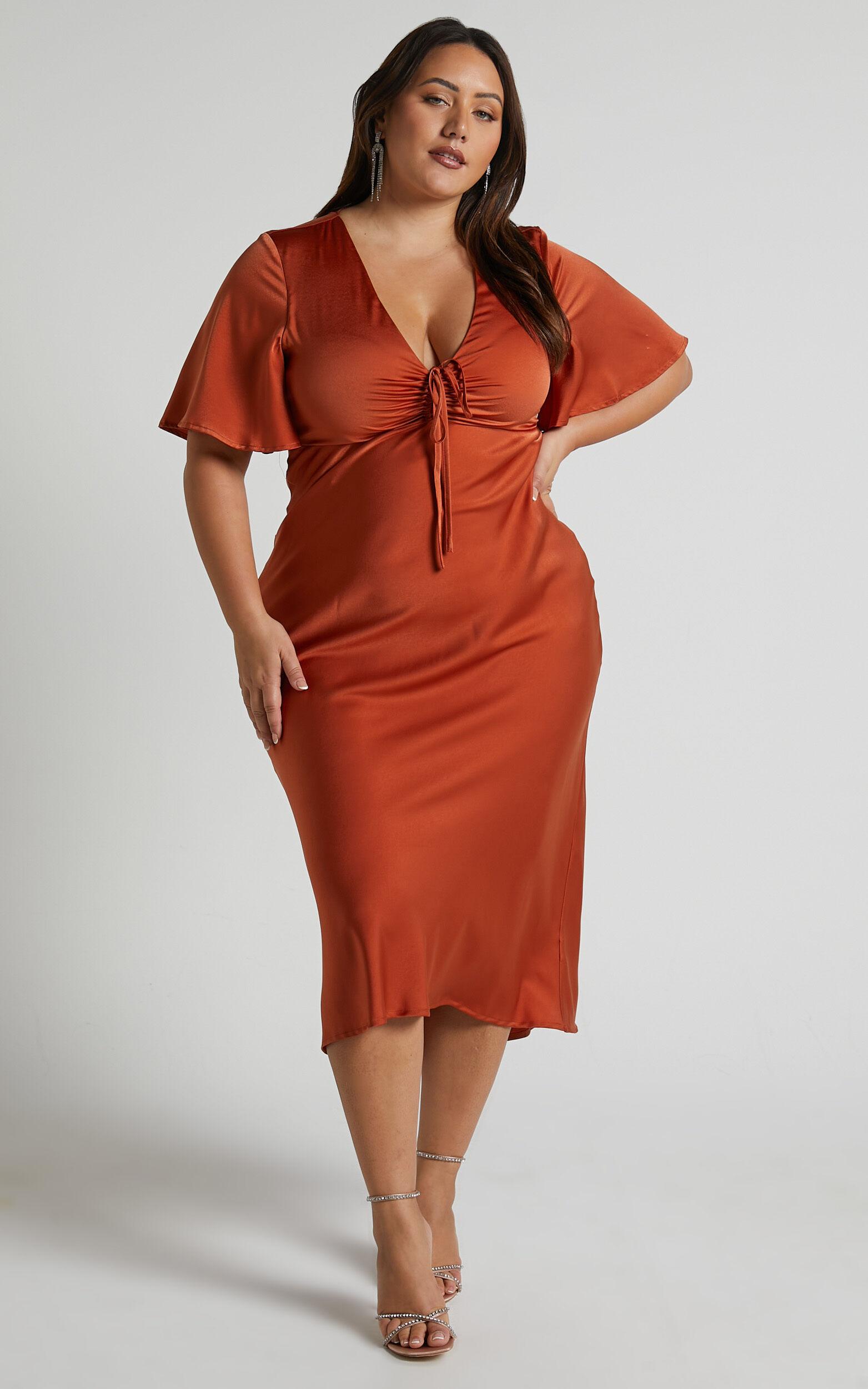 Nicholla Midi Dress - Ruched Front Angel Sleeve Slip Dress in Copper Product Image