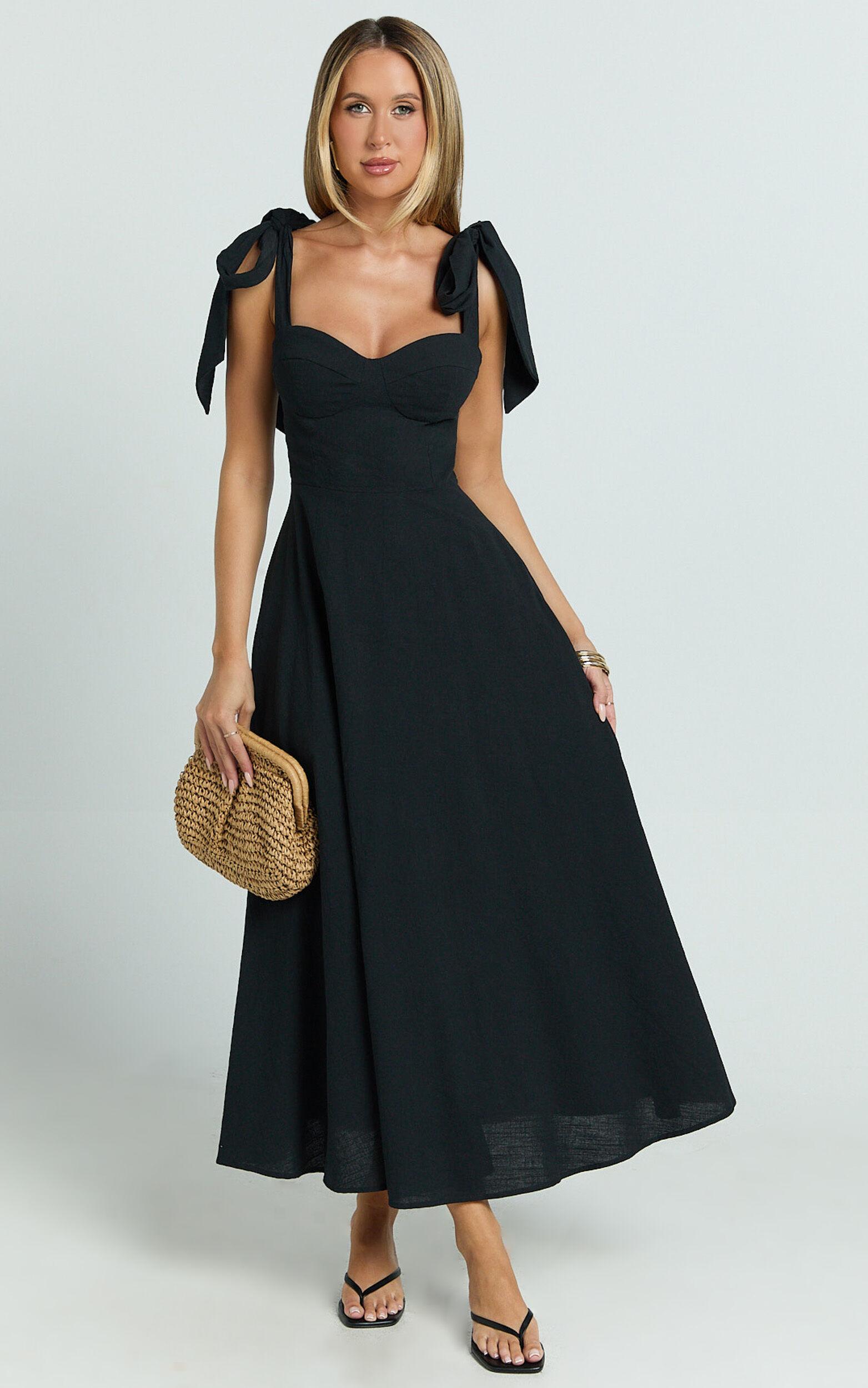 Tymia Midi Dress - Shoulder Tie Bustier Shirred Back A Line in Black Product Image