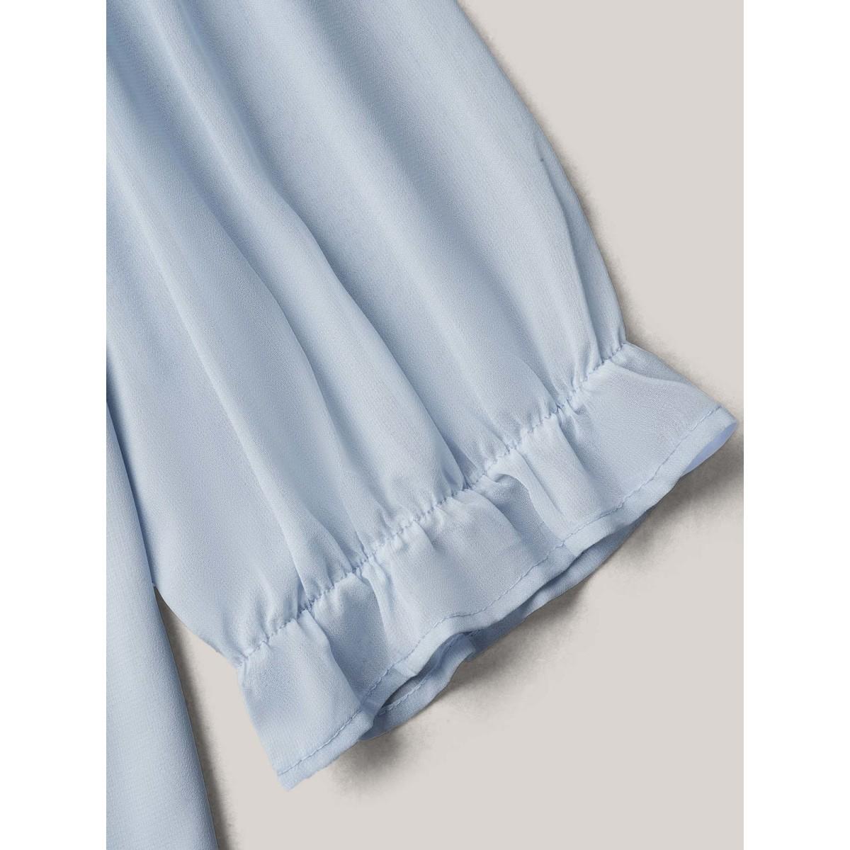 Plus Size LightBlue Chiffon Embroidery Puff Sleeve Pleated Shirt Women Boho Elbow-length sleeve Notched collar Vacation Blouses BloomChic 14-16/1X Product Image