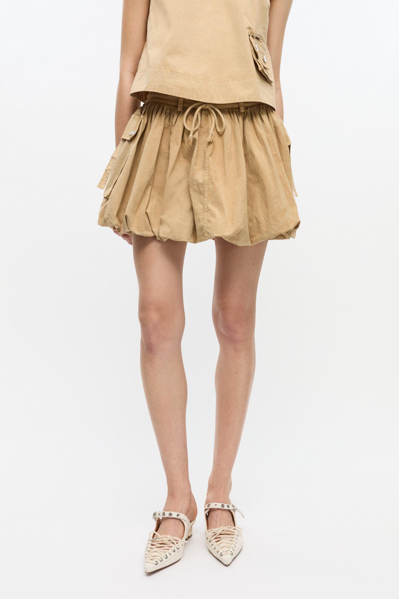 Beige Washed Cotton Mini Bubble Skirt Product Image