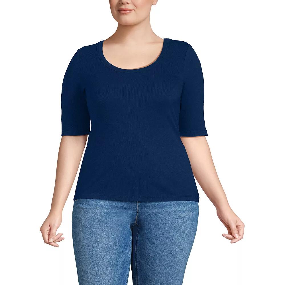Plus Size Lands' End Drapey Rib Fitted Elbow Sleeve Scoop Neck Tee, Women's, Size: 1XL, Deep  Blue Product Image