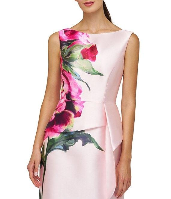 Kay Unger Eden Boat Neck Sleeveless Floral Placement Print Ruffle Peplum Mikado Column Gown Product Image