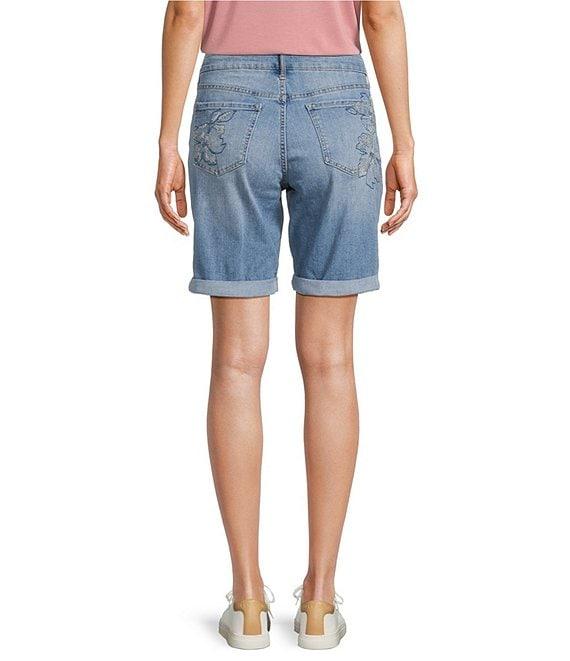 Code Bleu Soho Stretch Denim Mid Rise Embroidered Bermuda Shorts Product Image