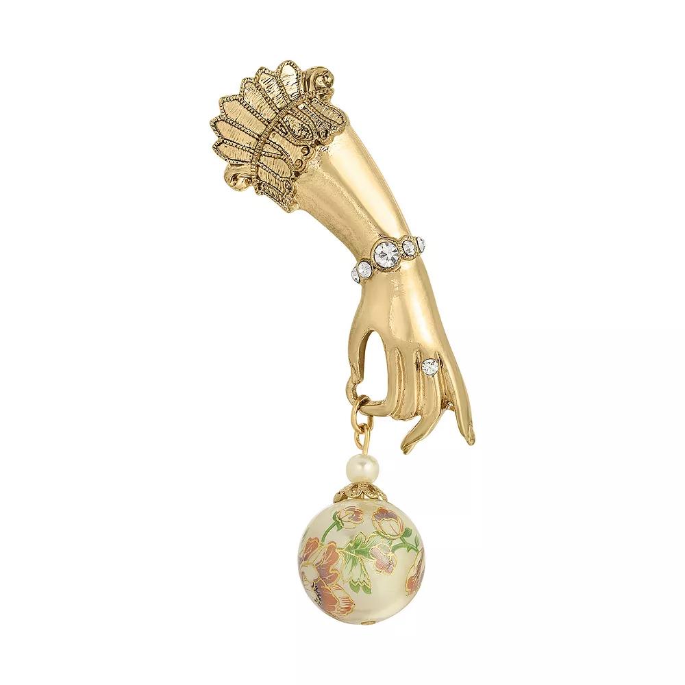 1928 Gold Tone Ladys Hand Pin with Crystal Accents & Floral Bead, Womens, Pink Product Image