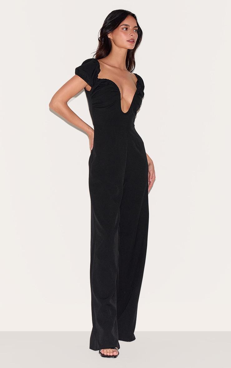 Black Woven Plunge Straight Leg Jumpsuit Product Image