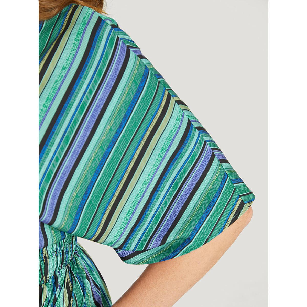 Plus Size Striped Contrast Pocket Knot Shirred Batwing Sleeve Dress Green Women Vacation Gathered V-neck Short sleeve Curvy Midi Dress BloomChic 10/M Product Image