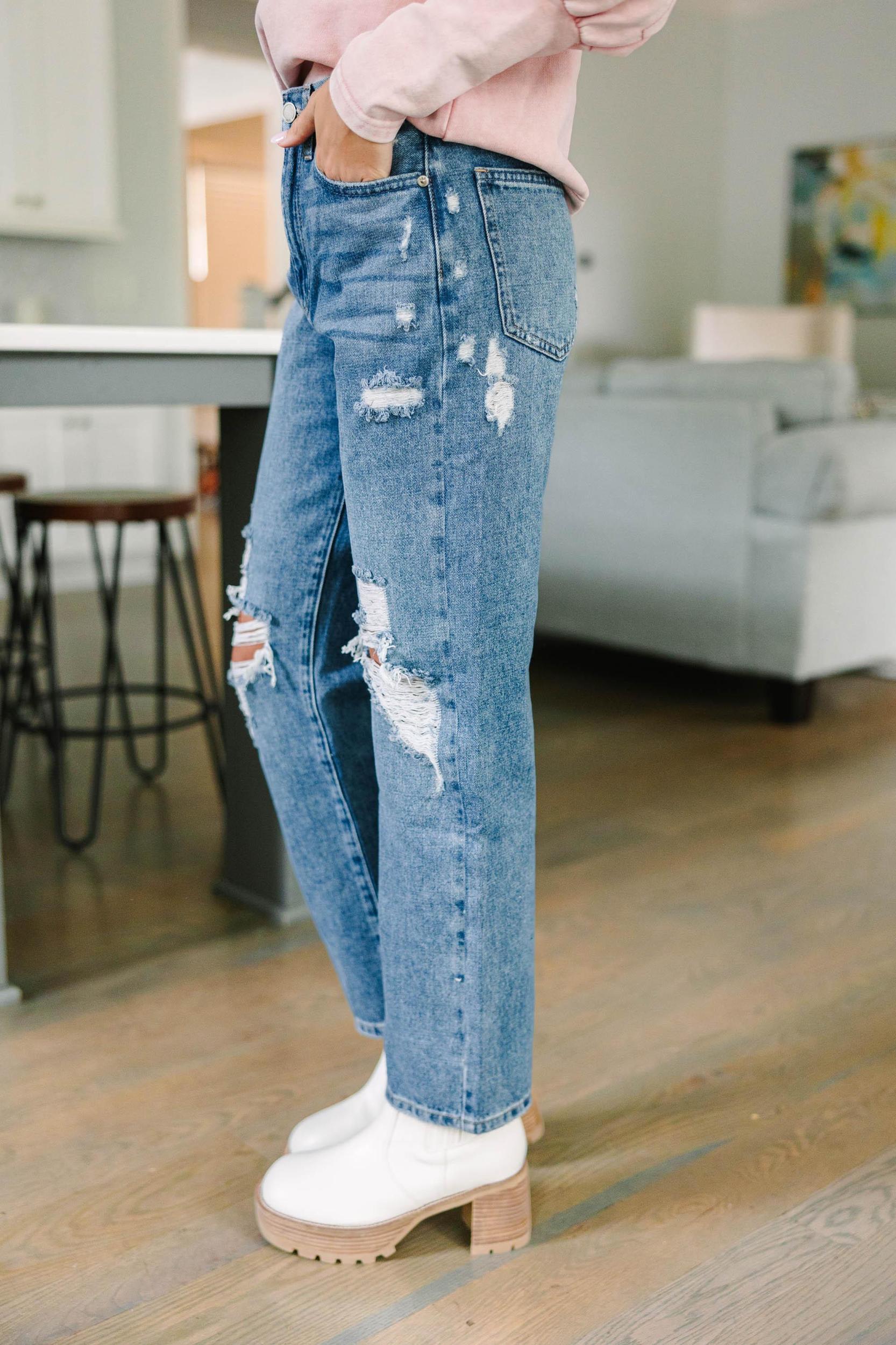 Catch The Vibe Medium Wash Distressed Straight Jeans Female Product Image