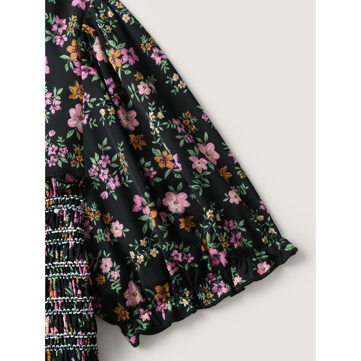 Plus Size Floral Shirred Bodice Contrast Midi Dress Black Women Romantic Gathered Square Neck Short sleeve Curvy BloomChic 30/6X Product Image