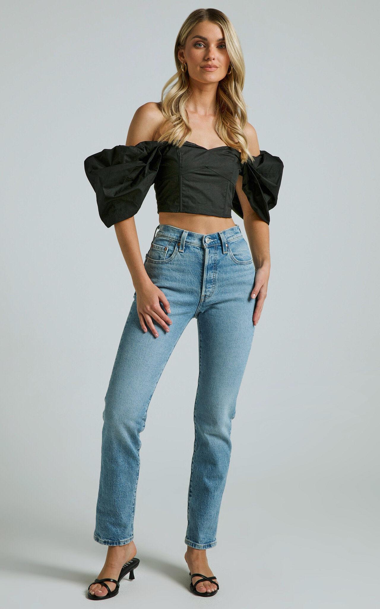 Shona Top - Off Shoulder Sweetheart Neck Puff Sleeve in Black Product Image