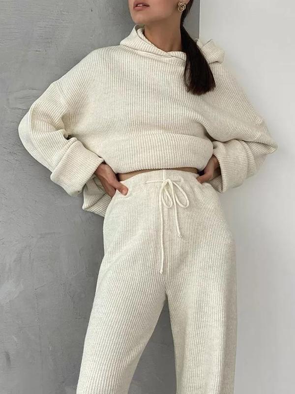 Loose Solid Color Round-Neck Hooded Long Sleeves Sweater Top + Drawstring Pants Bottom Two Pieces Set Product Image