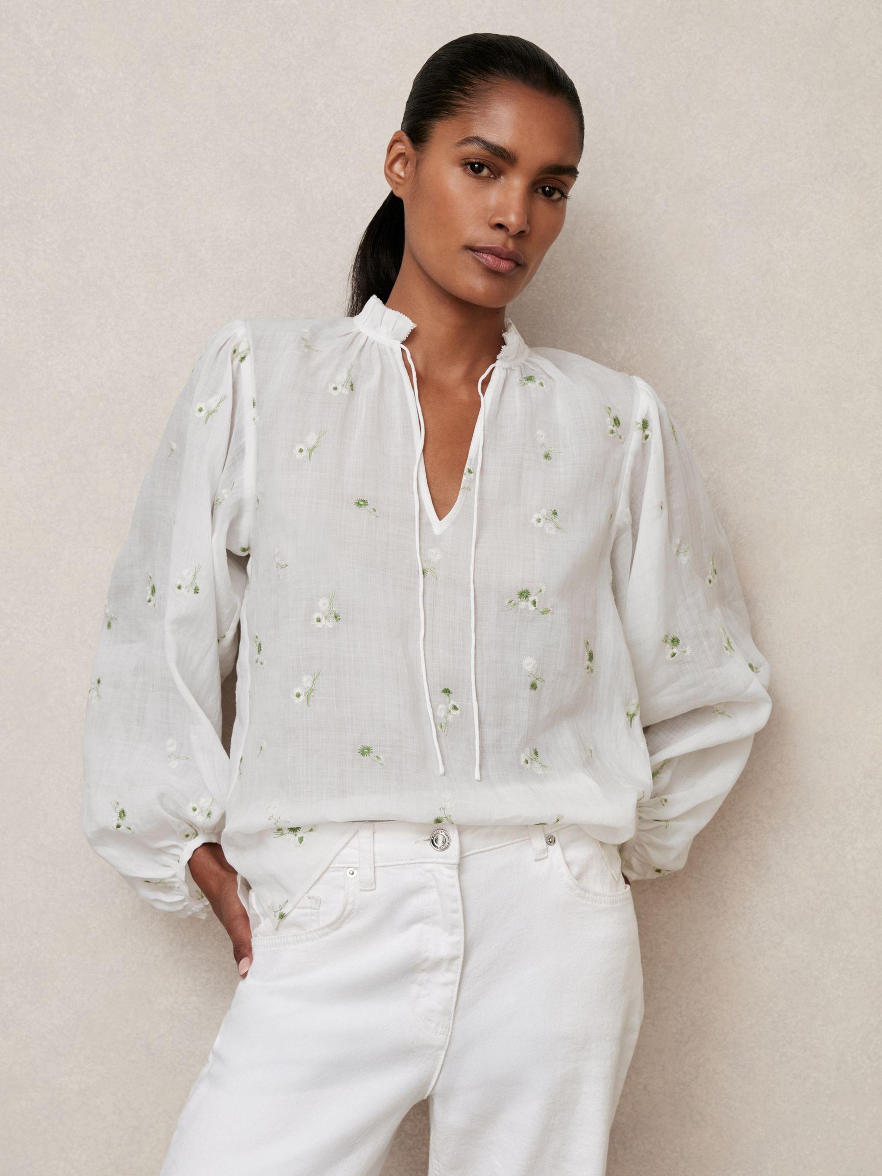 Floral-Embroidered Tie-Neck Blouse Ramie-Lyocell in Ivory Product Image