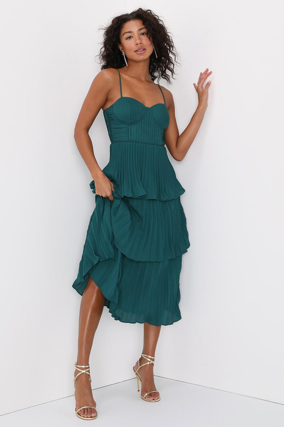 Cascading Crush Emerald Tiered Bustier Midi Dress Product Image