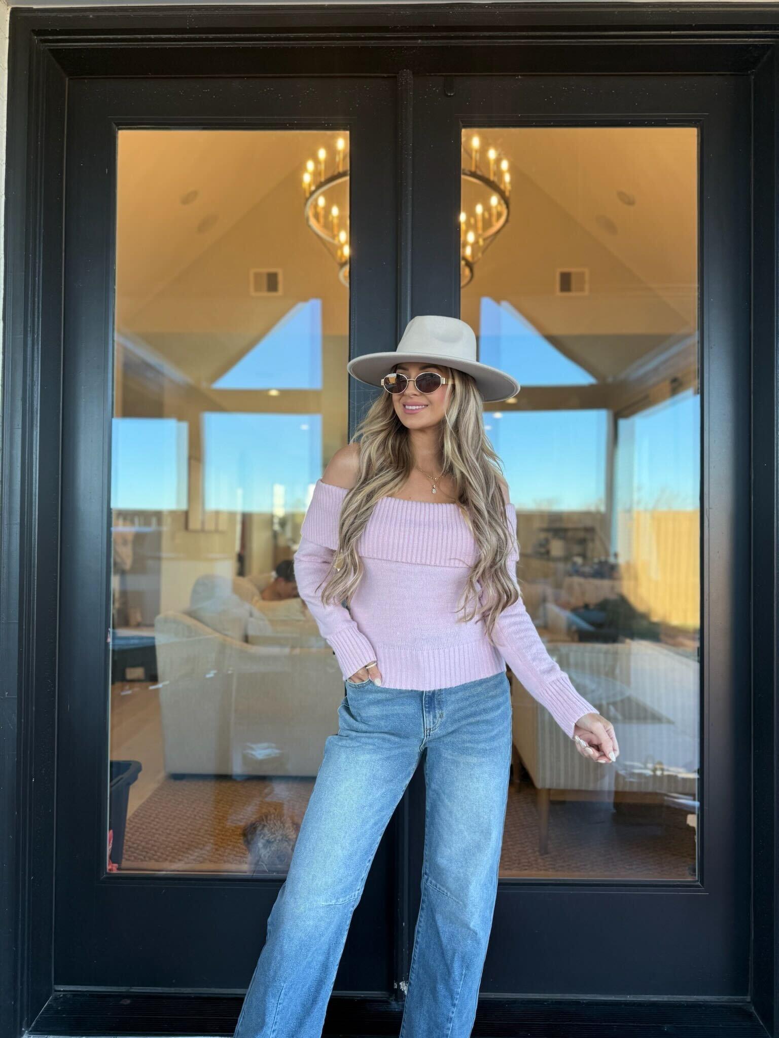 Fuzzy Off The Shoulder Ribbed Sweater - Light Pink - FINAL SALE Product Image