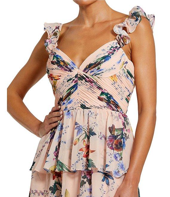 Mac Duggal Floral Print V-Neck Ruffle Sleeveless Tiered Gown Product Image