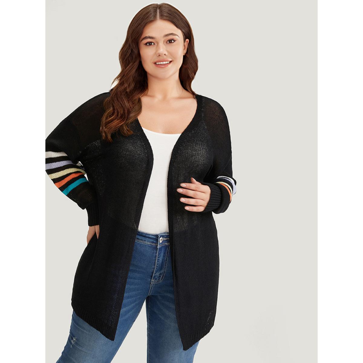 Plus Size Rainbow Striped Open Front Drop Shoulder Cardigan Black Women Casual Loose Long Sleeve Dailywear Cardigans BloomChic 12/L Product Image