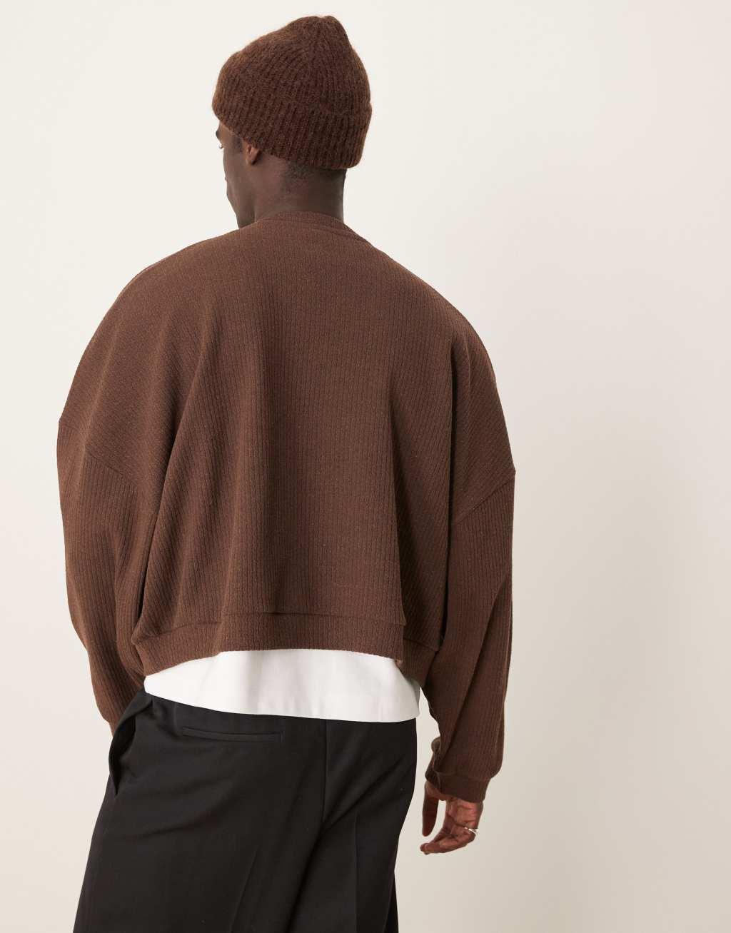 ASOS DESIGN extreme oversized cropped lightweight sweater with brushed rib in brown Product Image
