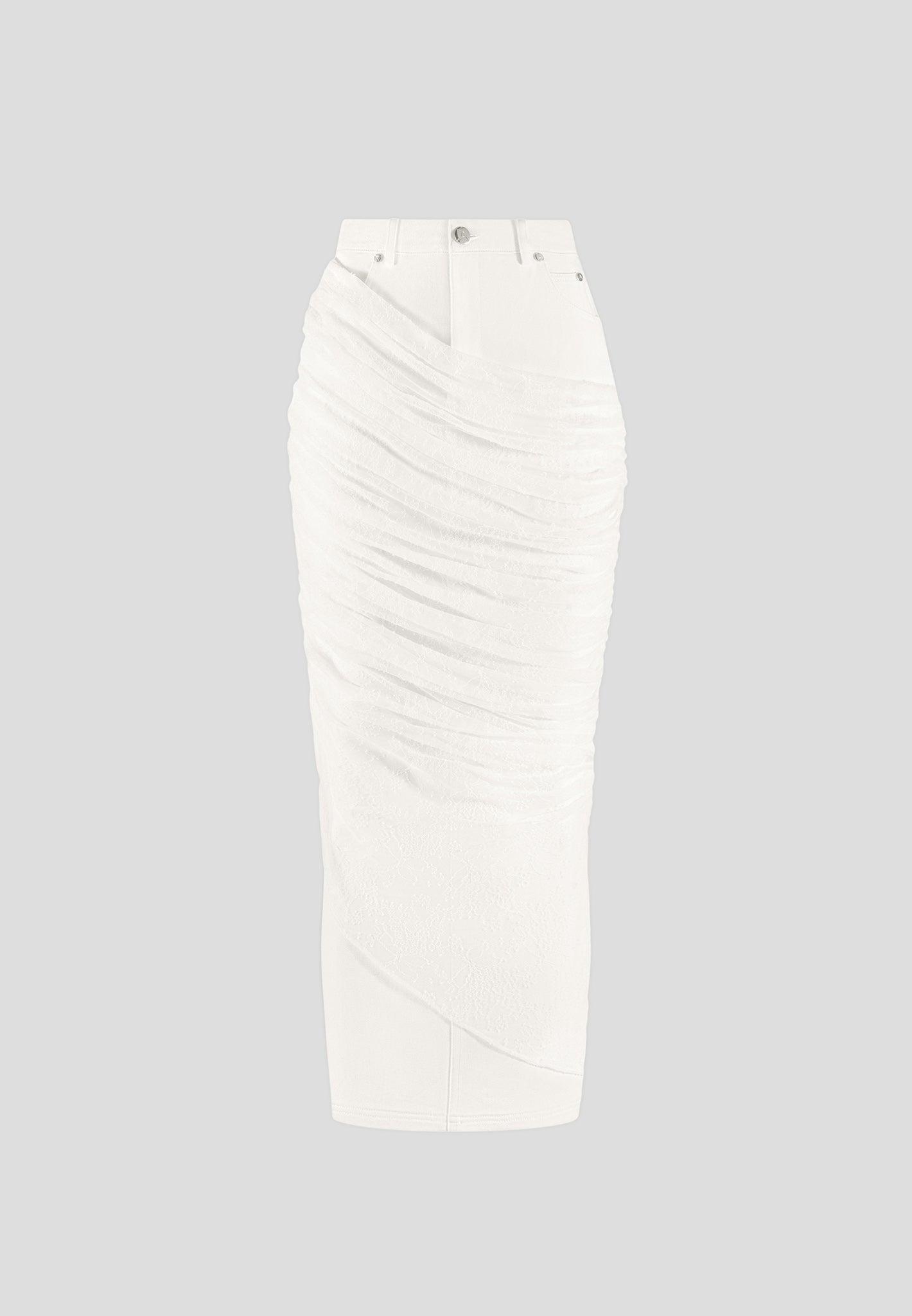 Draped Mesh Denim Maxi Skirt - Off White Female Product Image