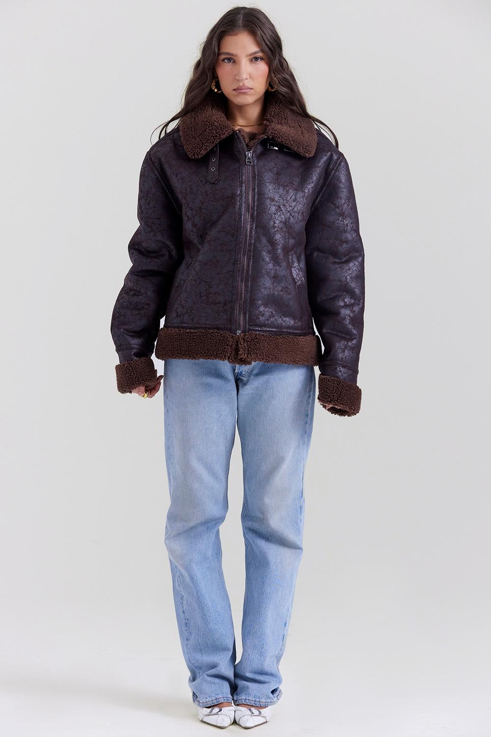 Madden  brown vegan shearling aviator jacket - sale Product Image