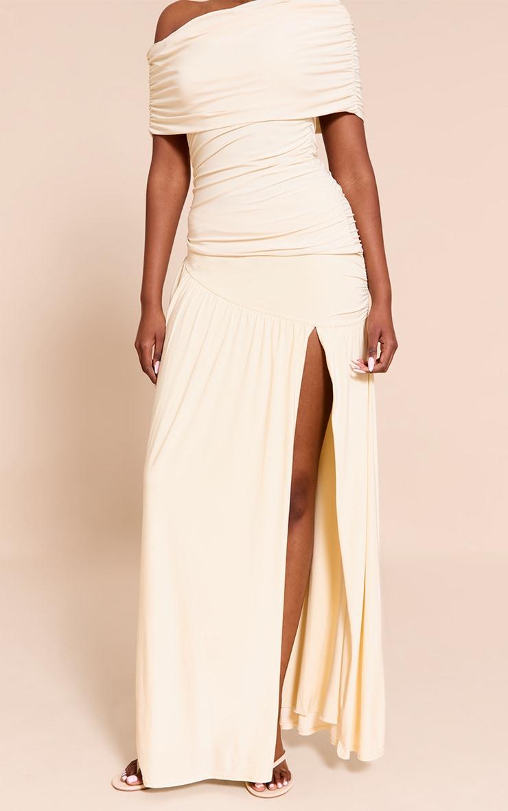 Cream Double Layer Slinky Drop Waist Slit Maxi Skirt Product Image