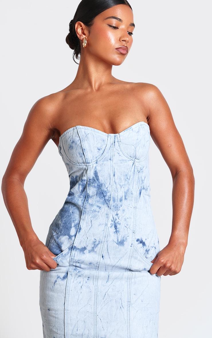 Blue Tie Dye Print Bustier Denim Maxi Dress Product Image
