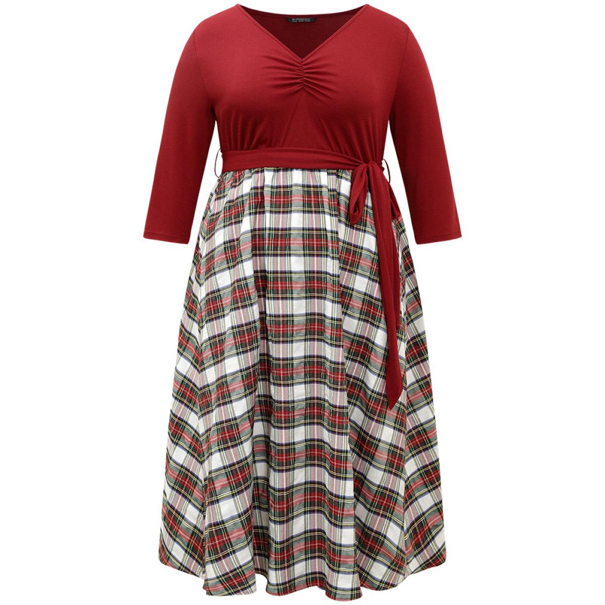 Plus Size Christmas Plaid Patchwork Ruched Belted Dress Red Women Work From Home Gathered V-neck Elbow-length sleeve Curvy Midi Dress BloomChic 12/L Product Image