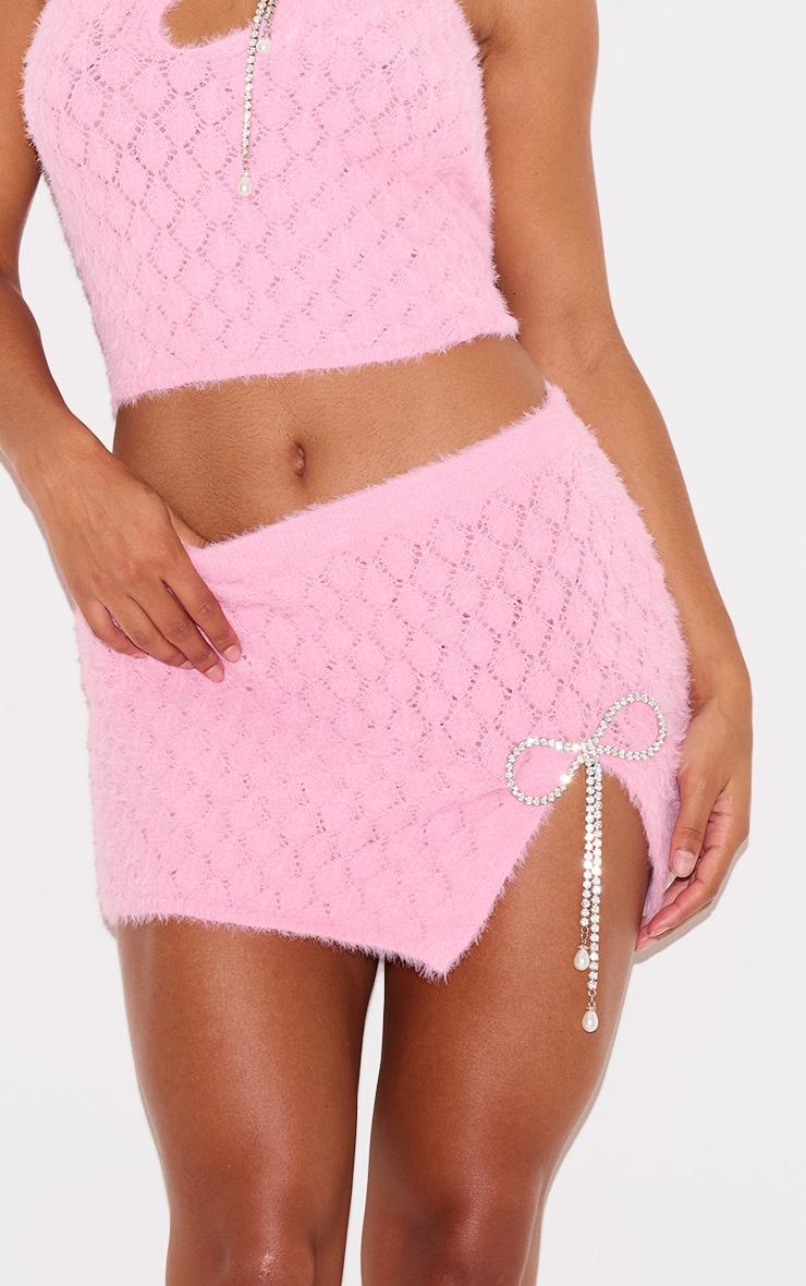 Pink Textured Eyelash Knit Bow Trim Mini Skirt Product Image