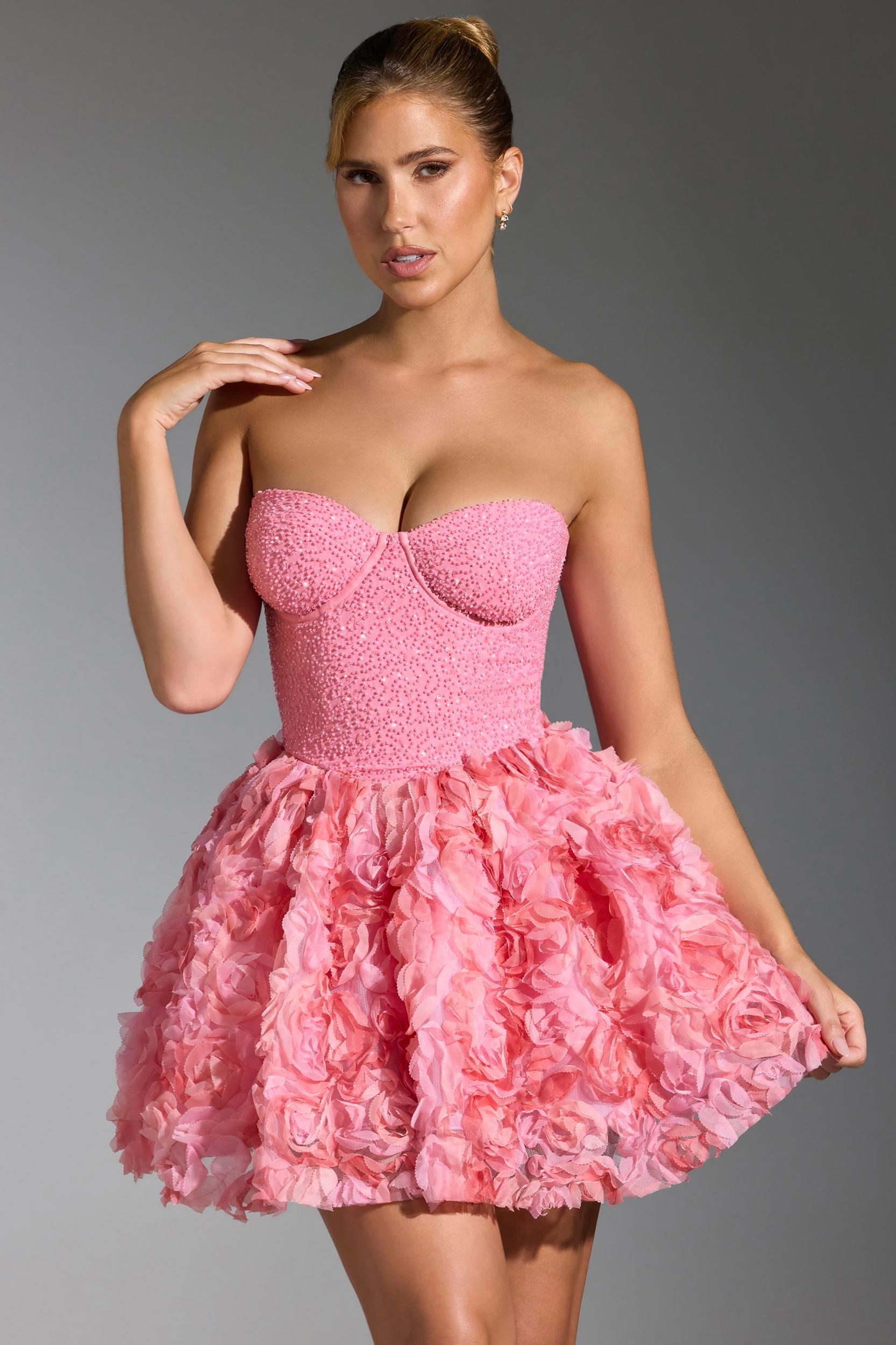 Embellished Floral-Appliqué Lace-Up Mini Dress in Pink Product Image