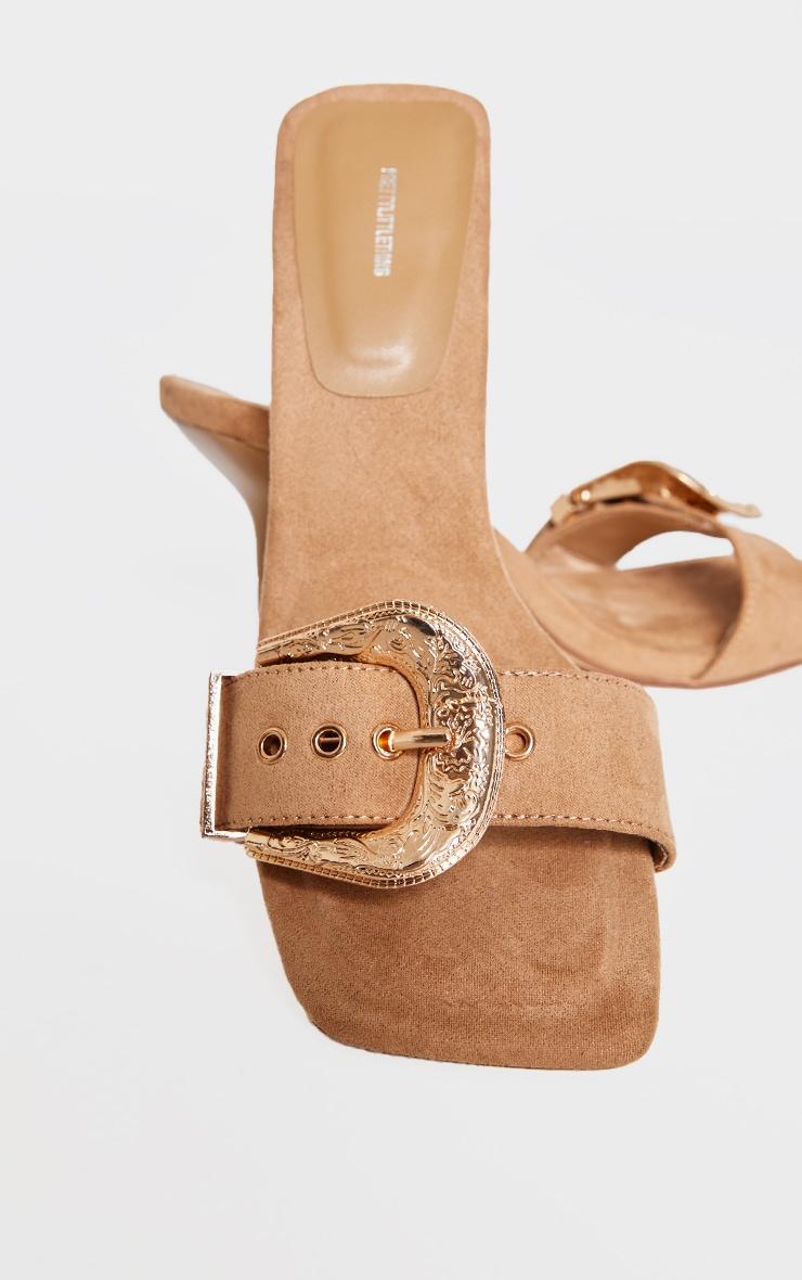 Camel Faux Suede Square Toe Western Buckle High Stiletto Heeled Mules Product Image
