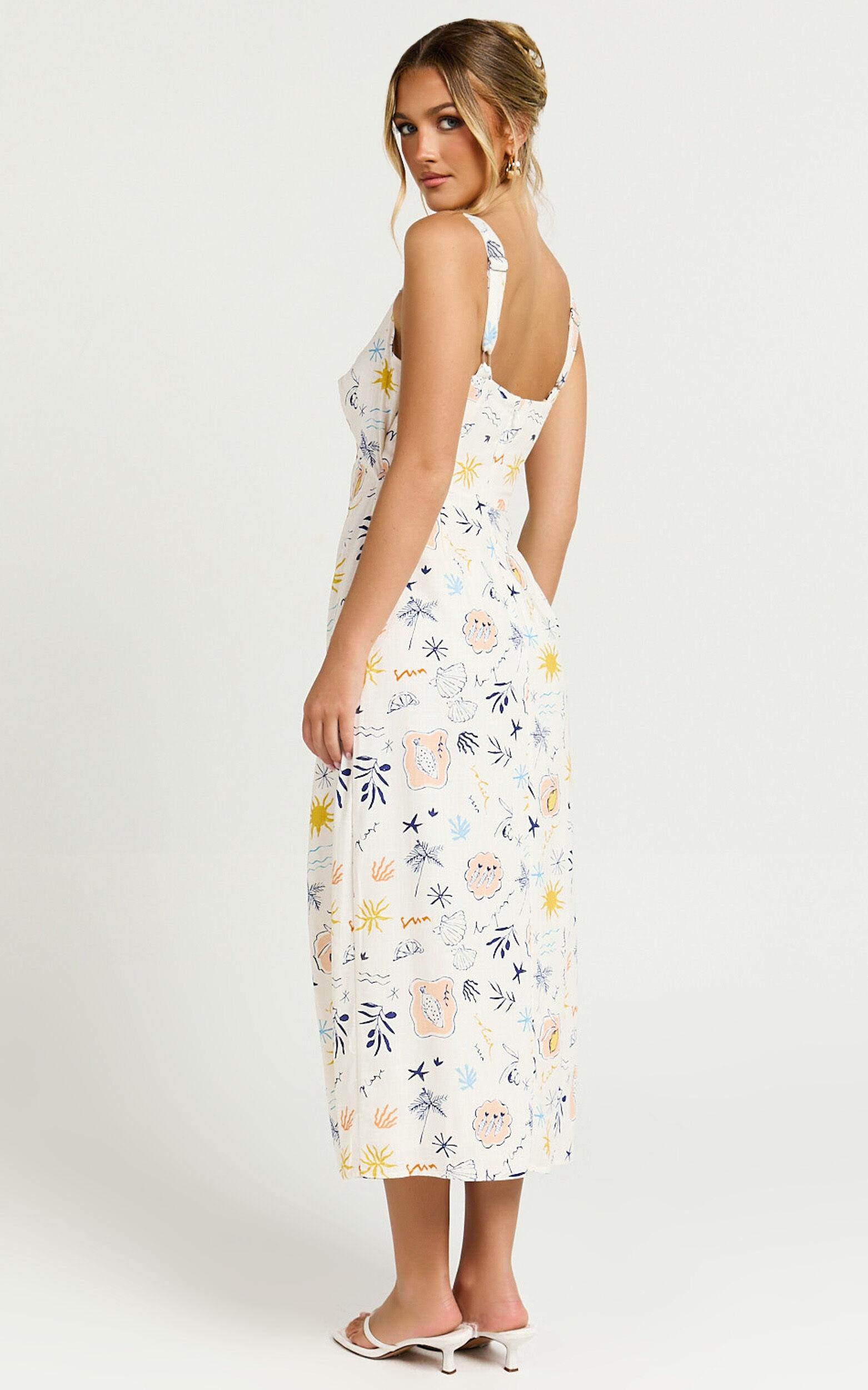 Nicola Midi Linen Blend Dress - Strappy Front Twist Cut Out Column Dress in Soleil Print Product Image